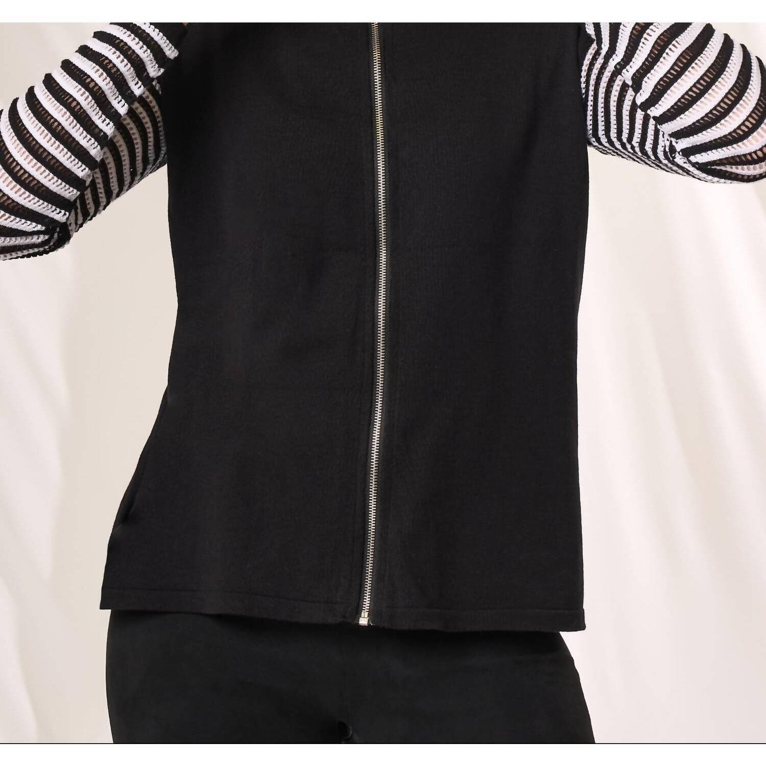 New Angel Apparel Stripe Zip Up Knit Top In Black/White